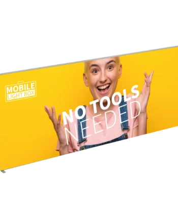 Mobile Light Box 600x250 cm with yellow picture with lady 'no tools needed'.